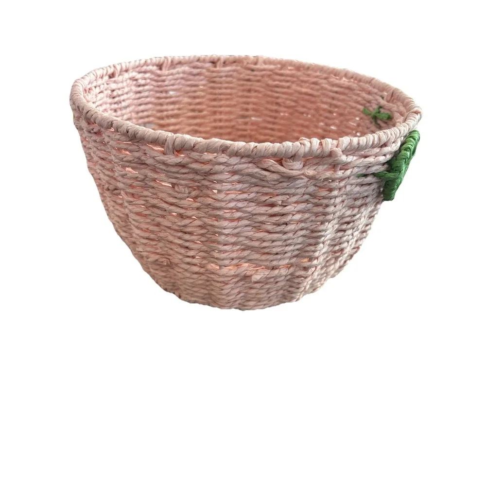 Pink Wicker Basket round With Leaves Top Opening 9.25